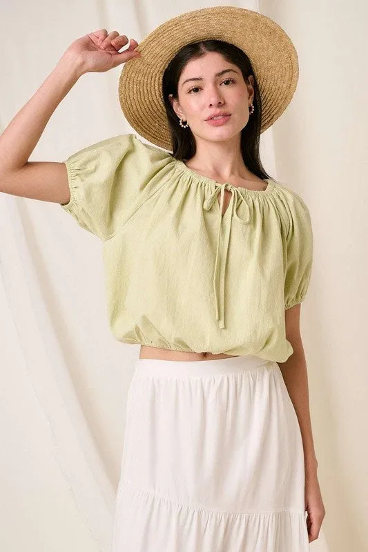 Lime Color Linen Two-Way Short Sleeve Crop Blouse