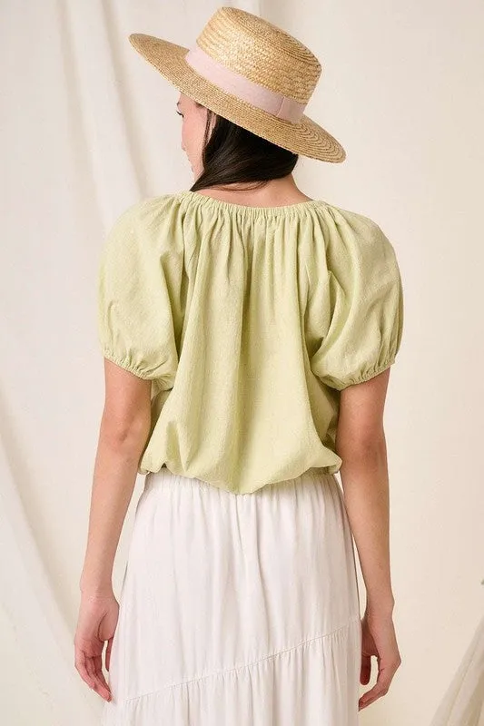 Lime Color Linen Two-Way Short Sleeve Crop Blouse