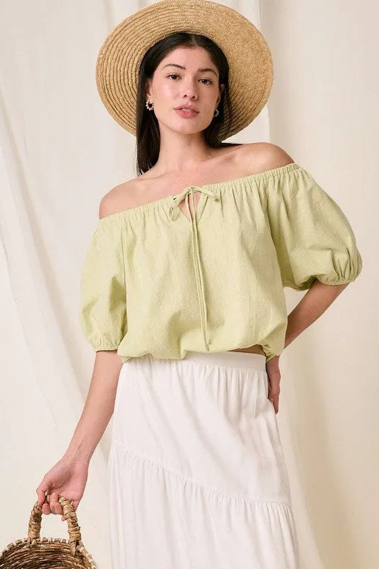 Lime Color Linen Two-Way Short Sleeve Crop Blouse