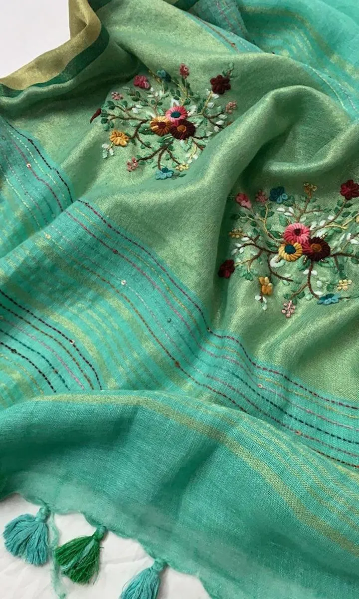 Linen Embroidred Saree In Green
