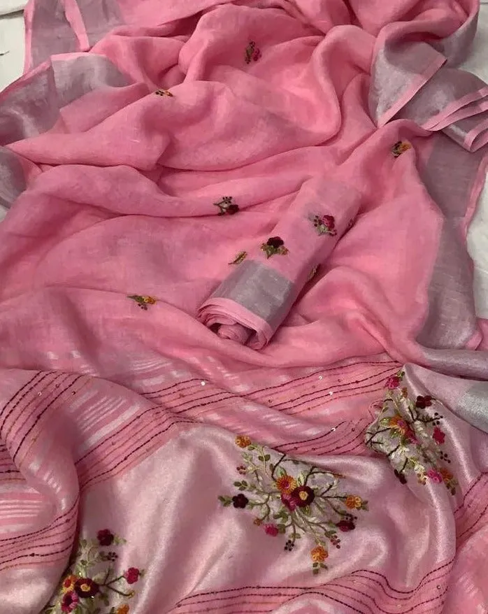 Linen Embroidred Saree In Pink