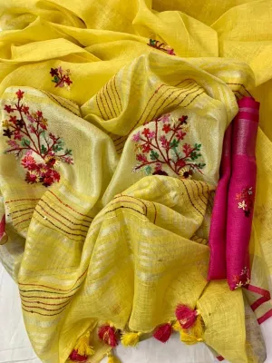Linen Embroidred Saree  Yellow