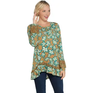 LOGO by Lori Goldstein Floral Knit Top With Chiffon Ruffle Trim