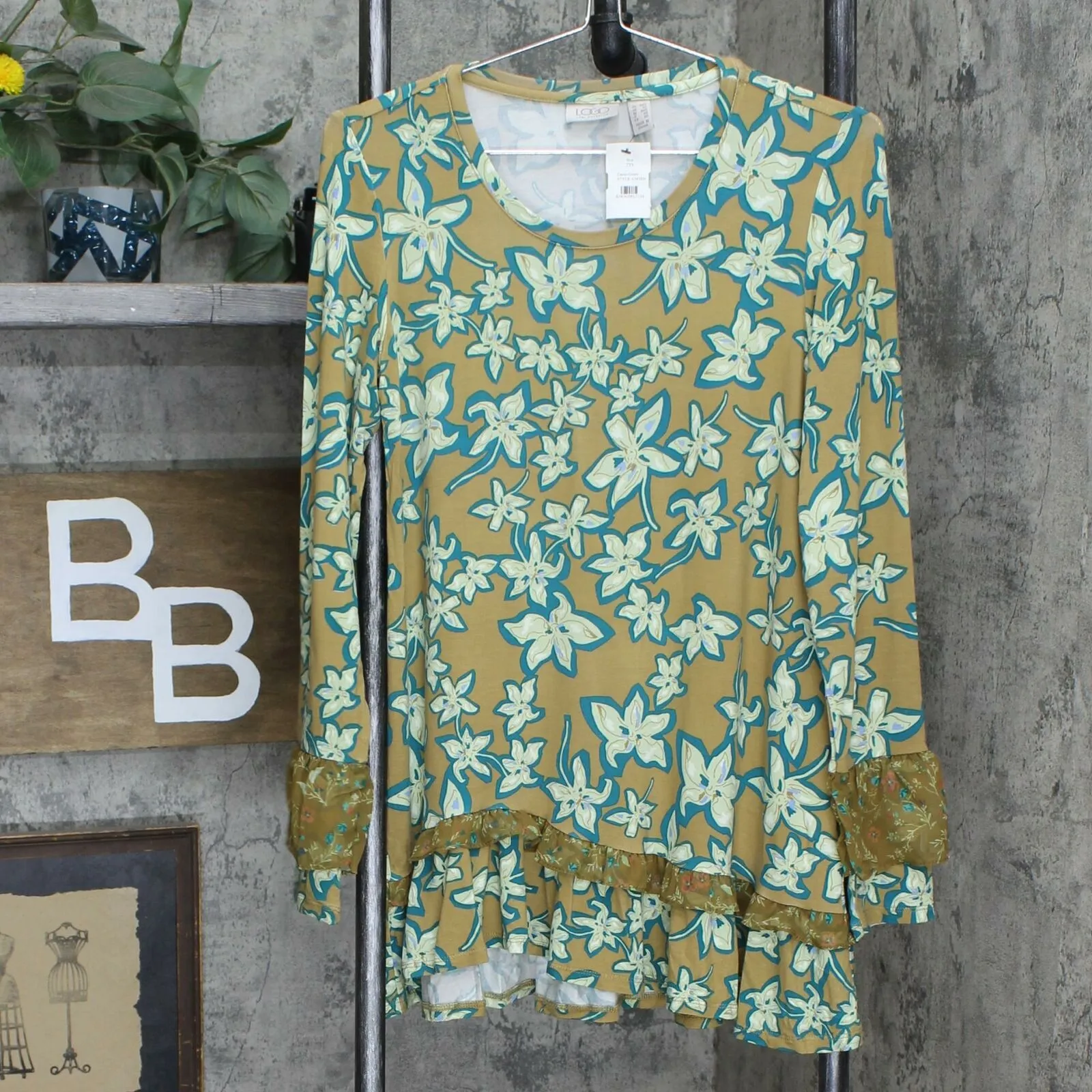 LOGO by Lori Goldstein Floral Knit Top With Chiffon Ruffle Trim