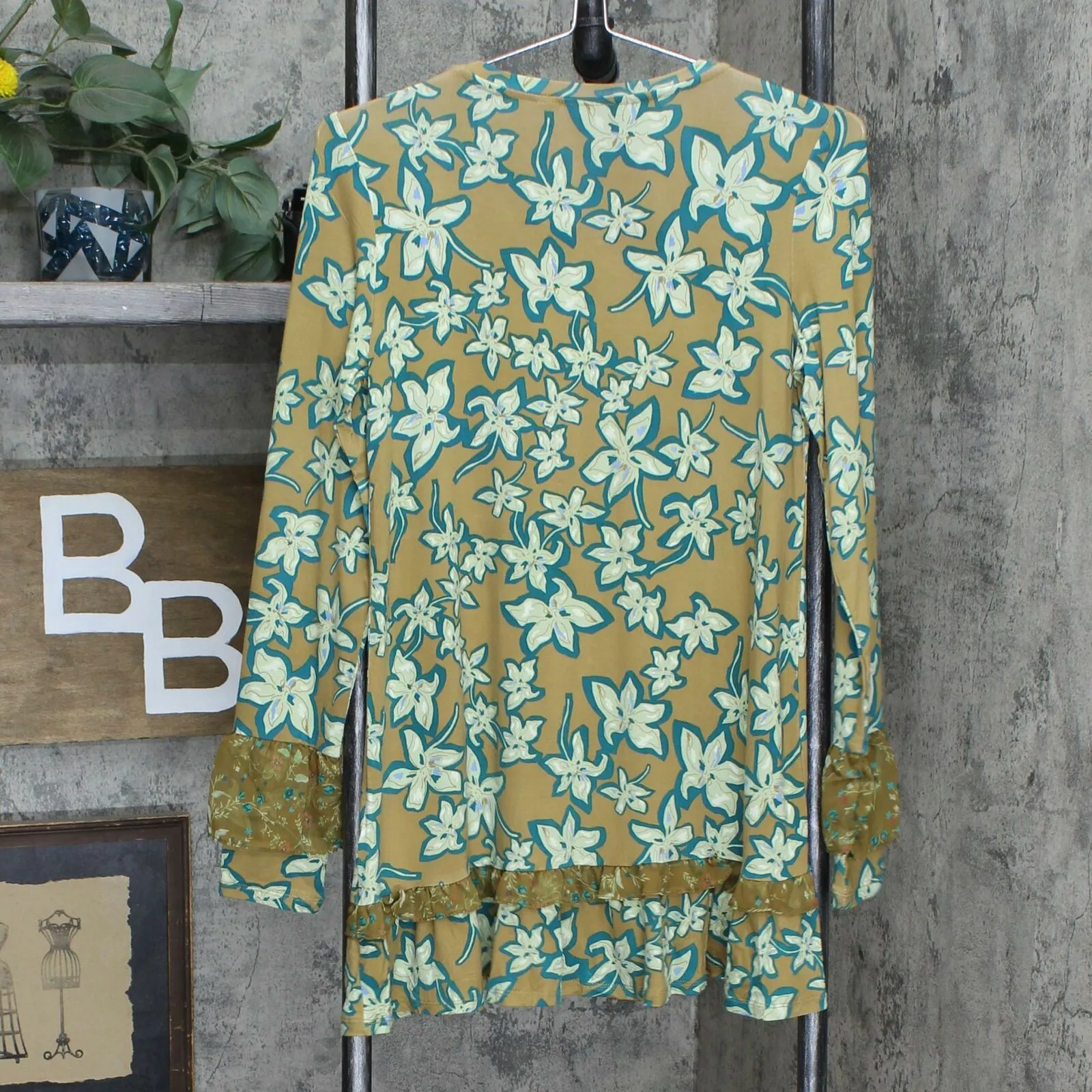 LOGO by Lori Goldstein Floral Knit Top With Chiffon Ruffle Trim