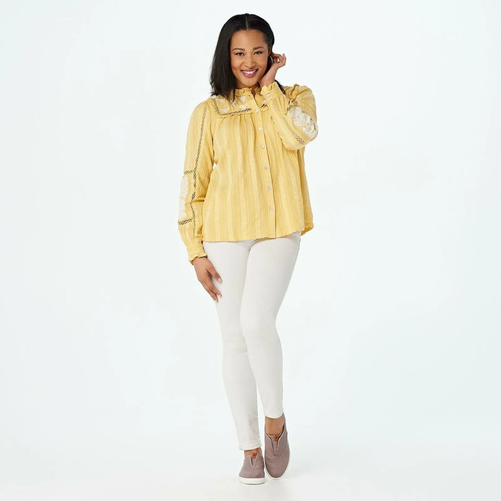 LOGO by Lori Goldstein Lavish Embroidered Textured Woven Blouse