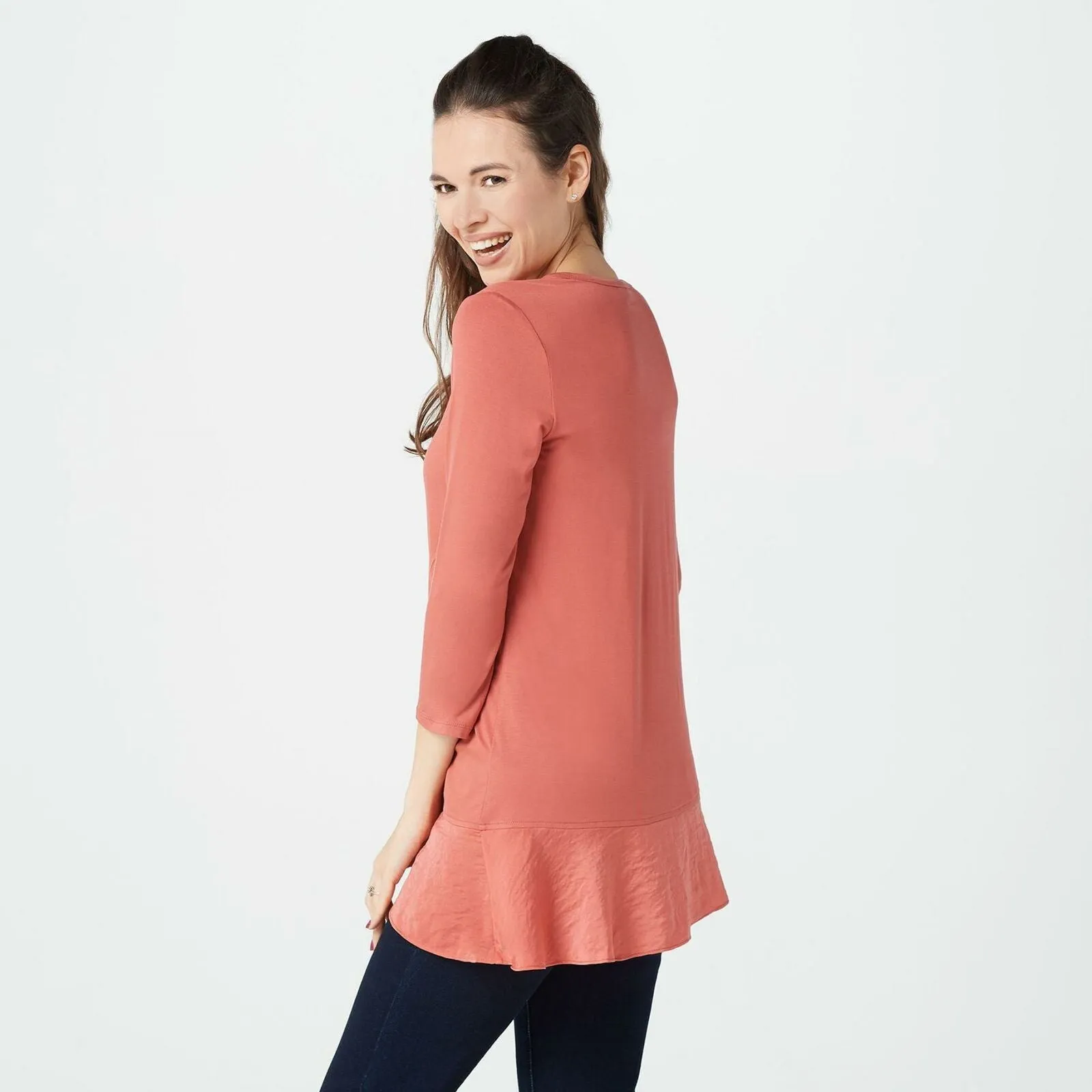 LOGO by Lori Goldstein Rayon 230 Top Asymmetric Satin Hem Coral Medium