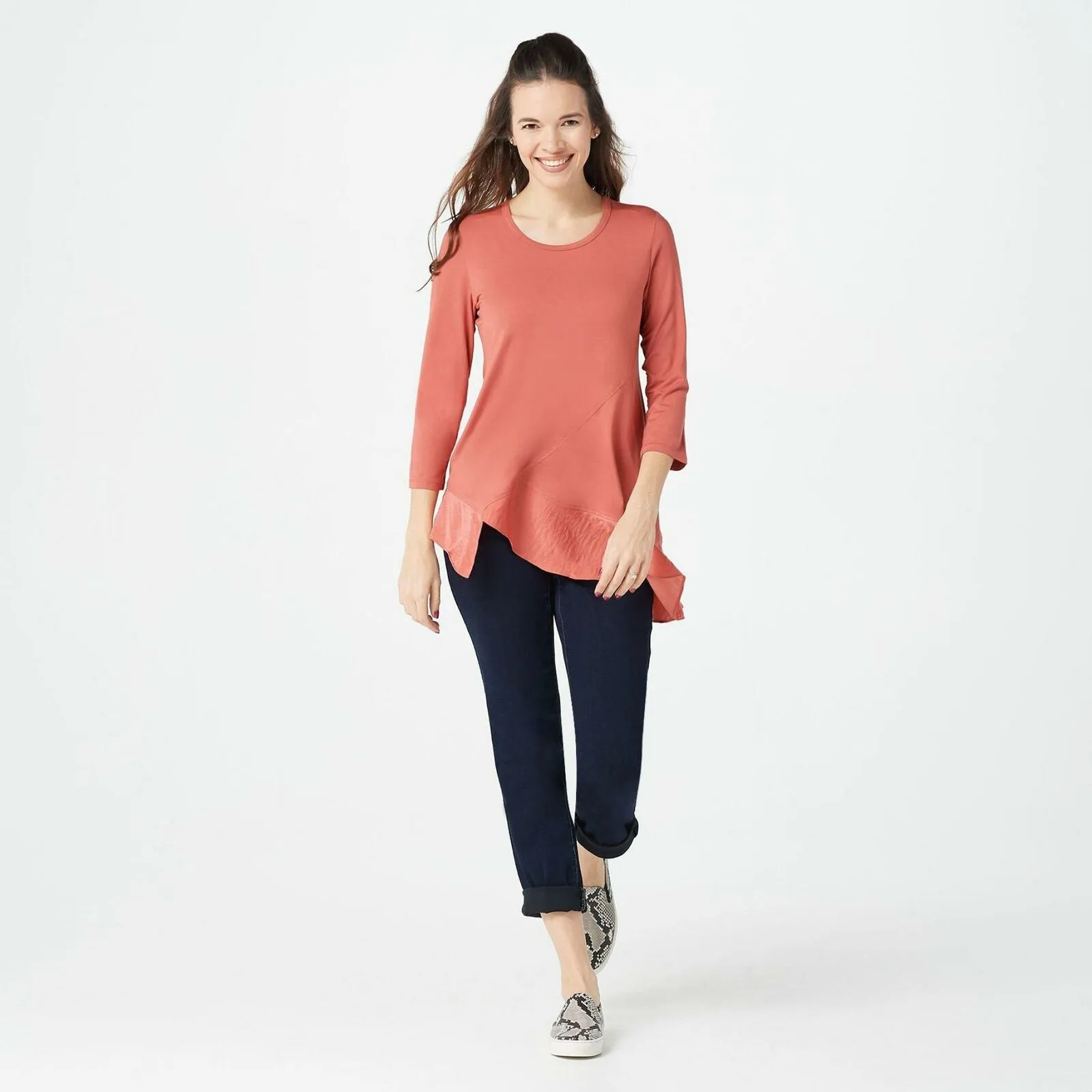 LOGO by Lori Goldstein Rayon 230 Top Asymmetric Satin Hem Coral Medium