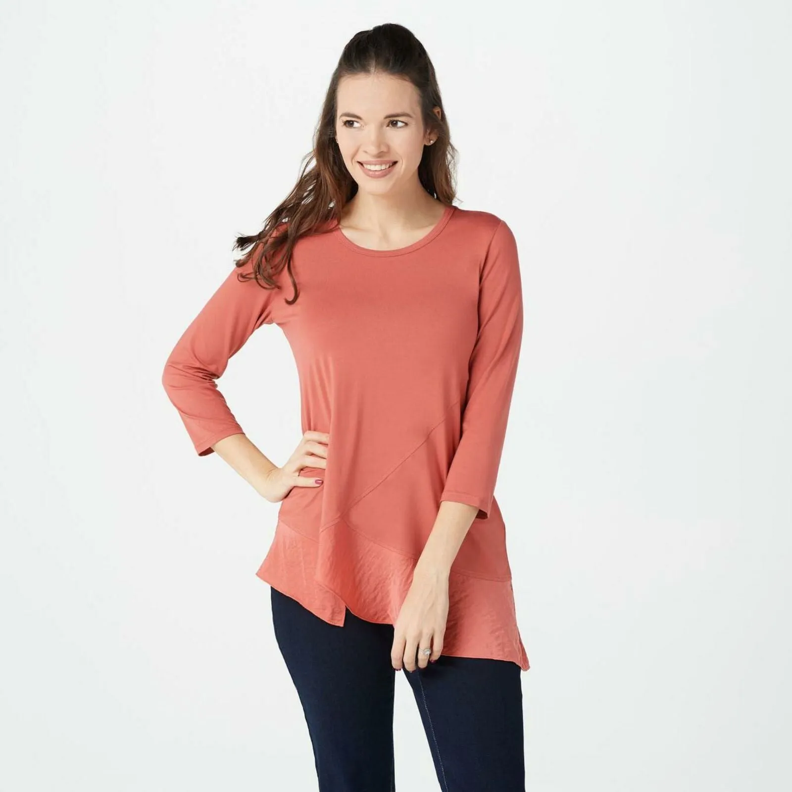 LOGO by Lori Goldstein Rayon 230 Top Asymmetric Satin Hem Coral Medium