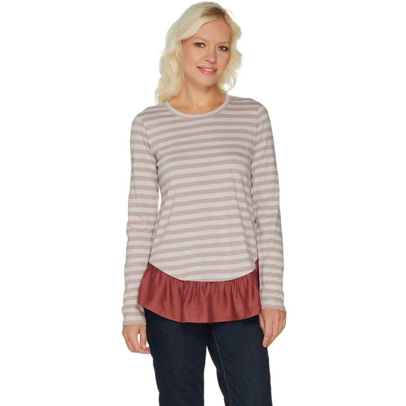 LOGO by Lori Goldstein Women's Cotton Slub Top with Ruffle Hem