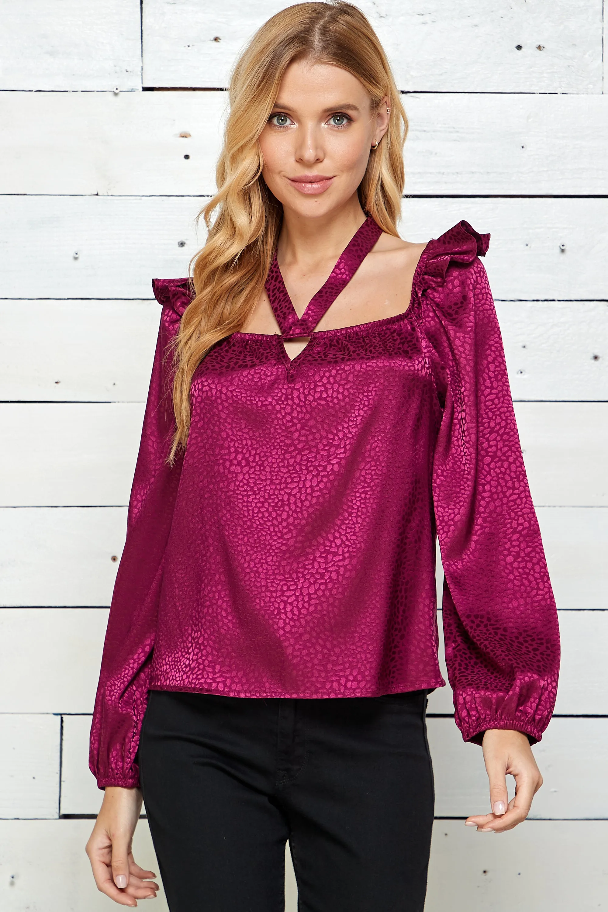 Long Sleeve Ruffle Shoulders Button Back Neck Top