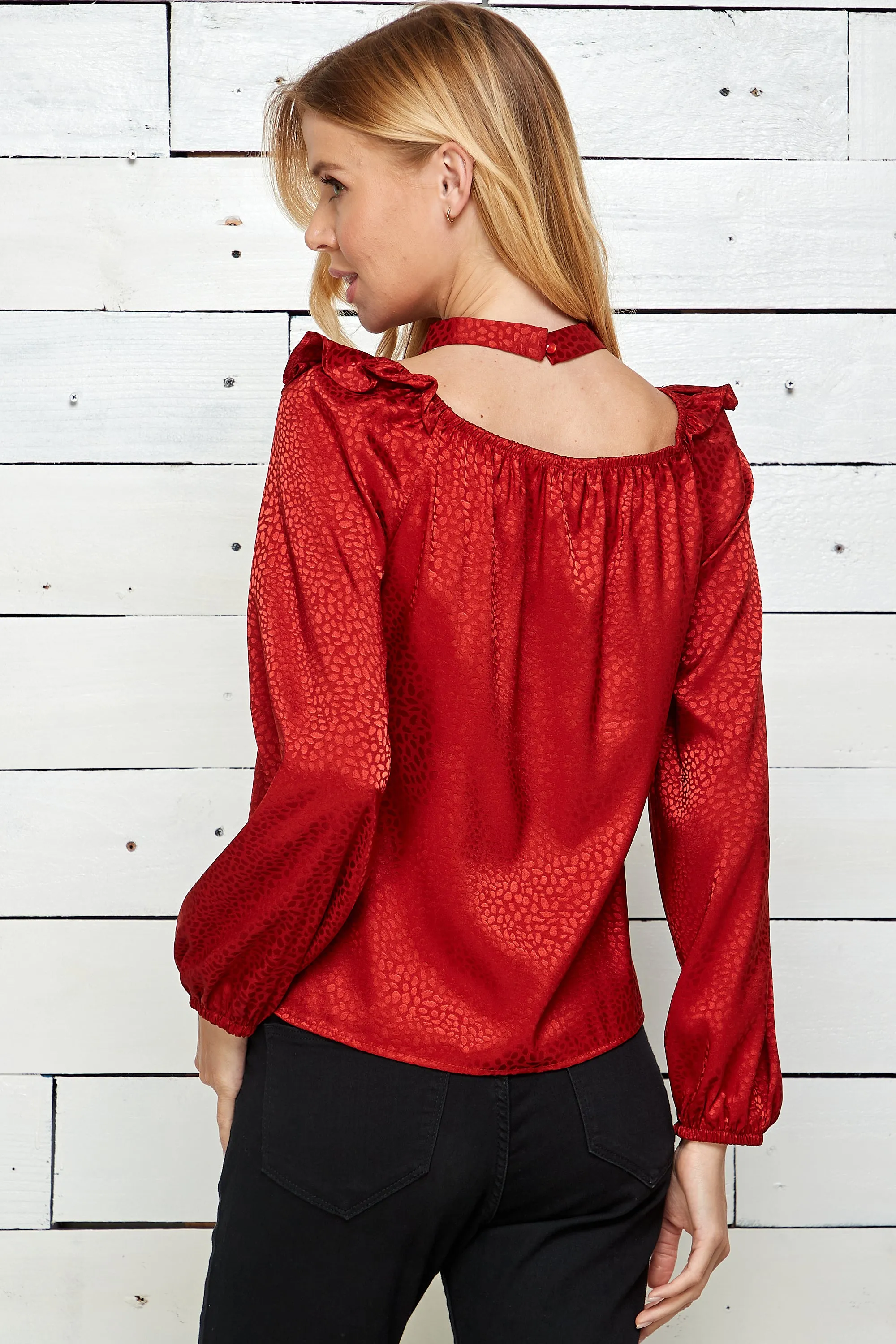 Long Sleeve Ruffle Shoulders Button Back Neck Top
