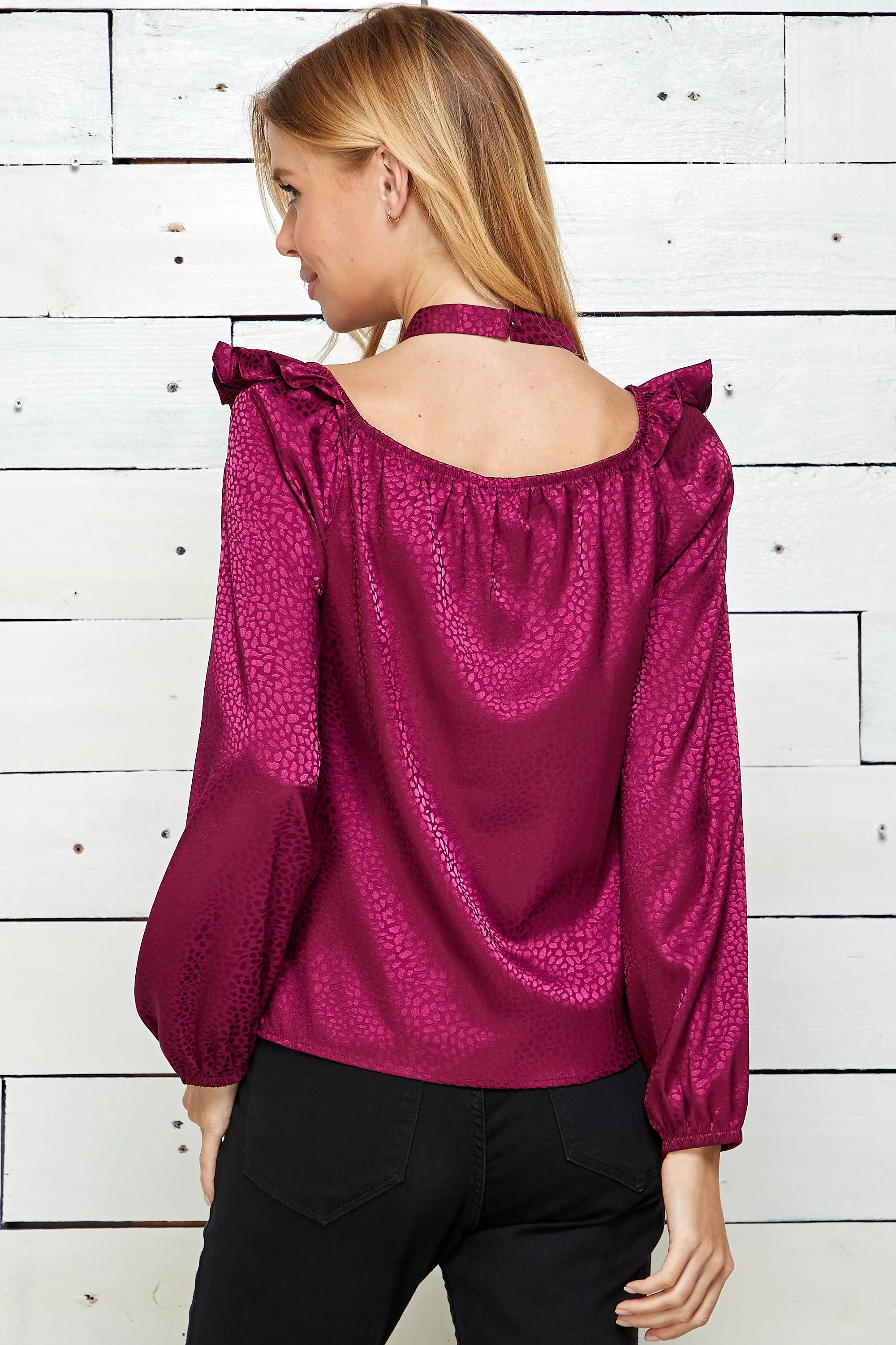 Long Sleeve Ruffle Shoulders Button Back Neck Top