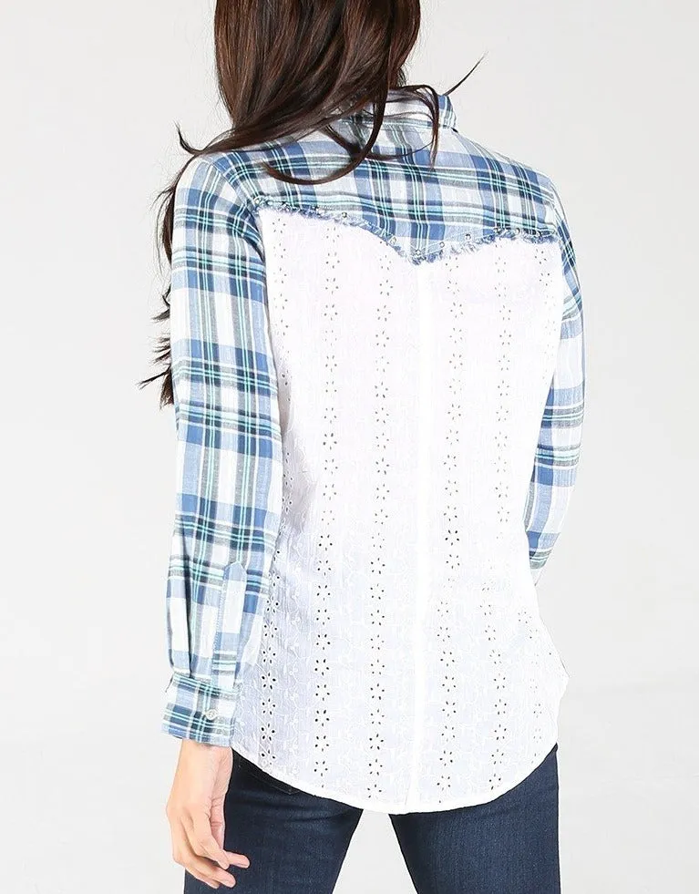 LS Button Up Top With Eyelet On Back Women