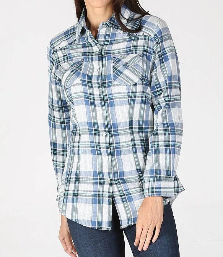 LS Button Up Top With Eyelet On Back Women