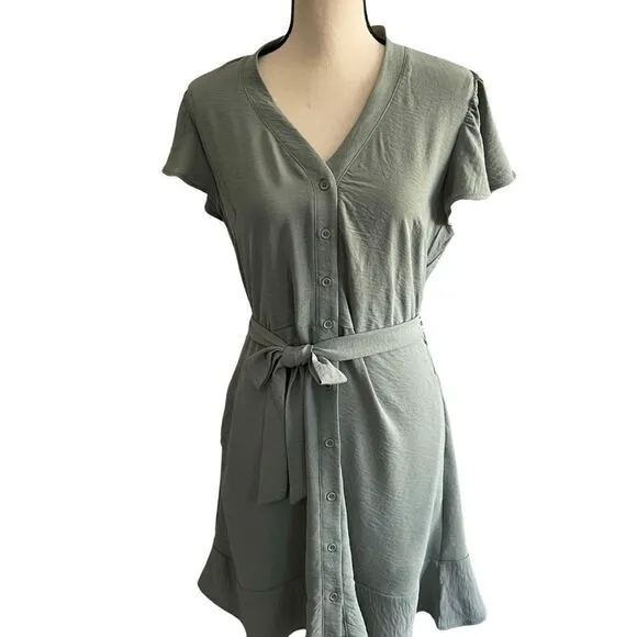 Lucky Brand Women’s Flutter sleeve V Neck Button Front Mini Shirt Dress Sz:Large