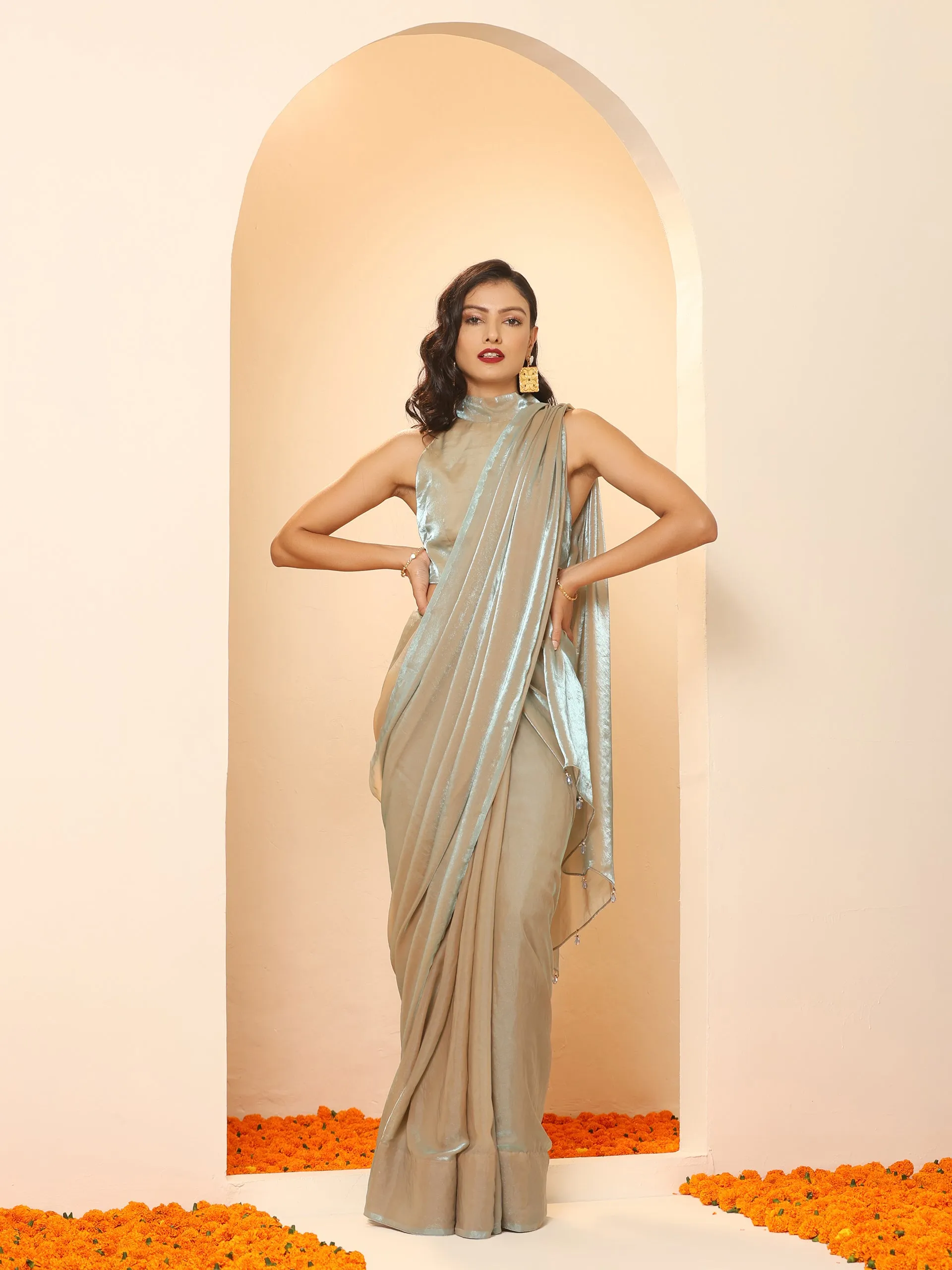 Lunar Ice Metallic Satin Saree with Blouse Fabric
