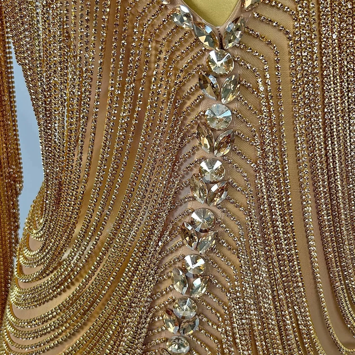 Luxury Mesh Gold Crystal Prom Dress