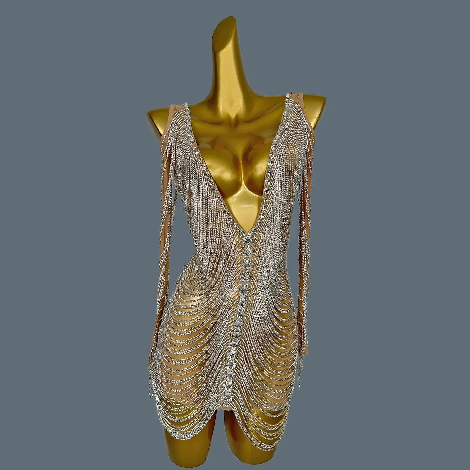 Luxury Mesh Gold Crystal Prom Dress