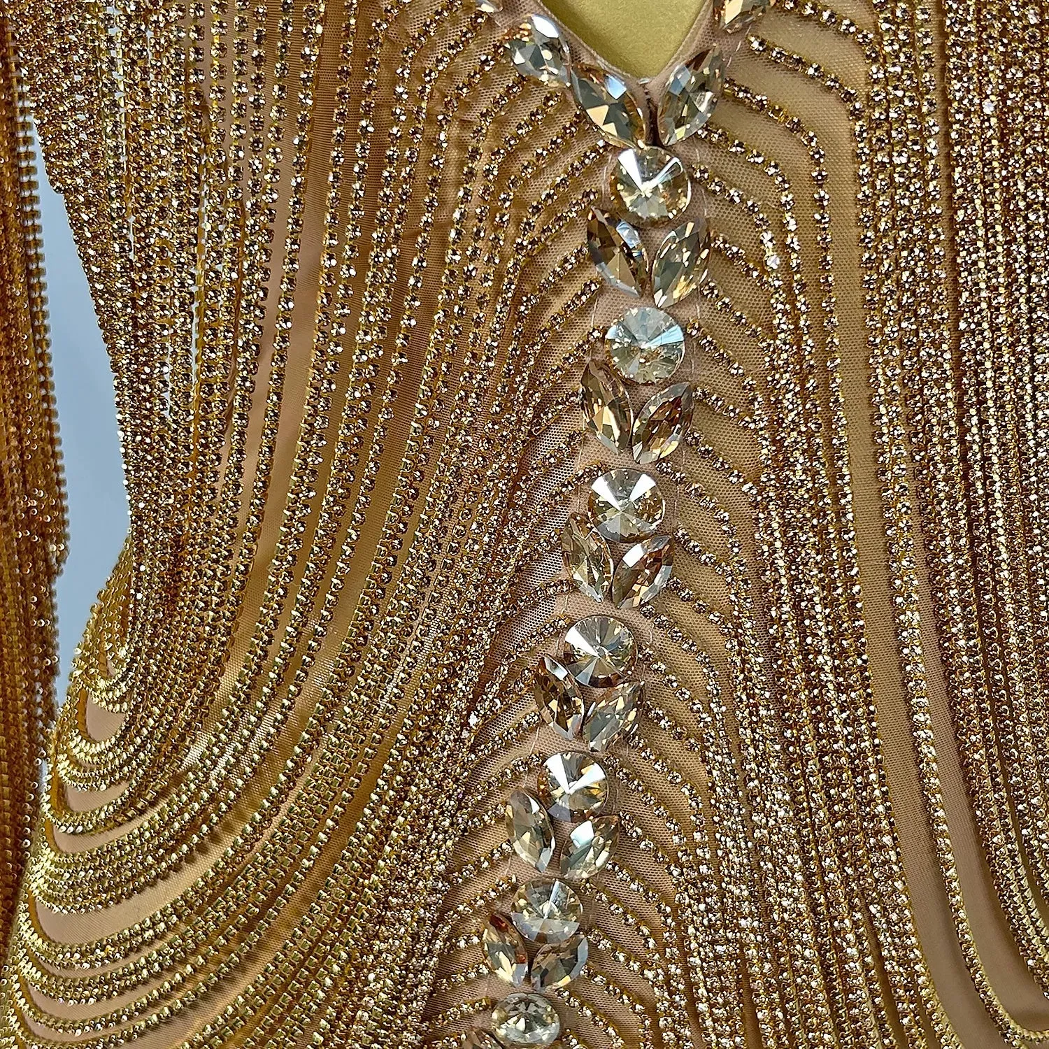 Luxury Mesh Gold Crystal Prom Dress