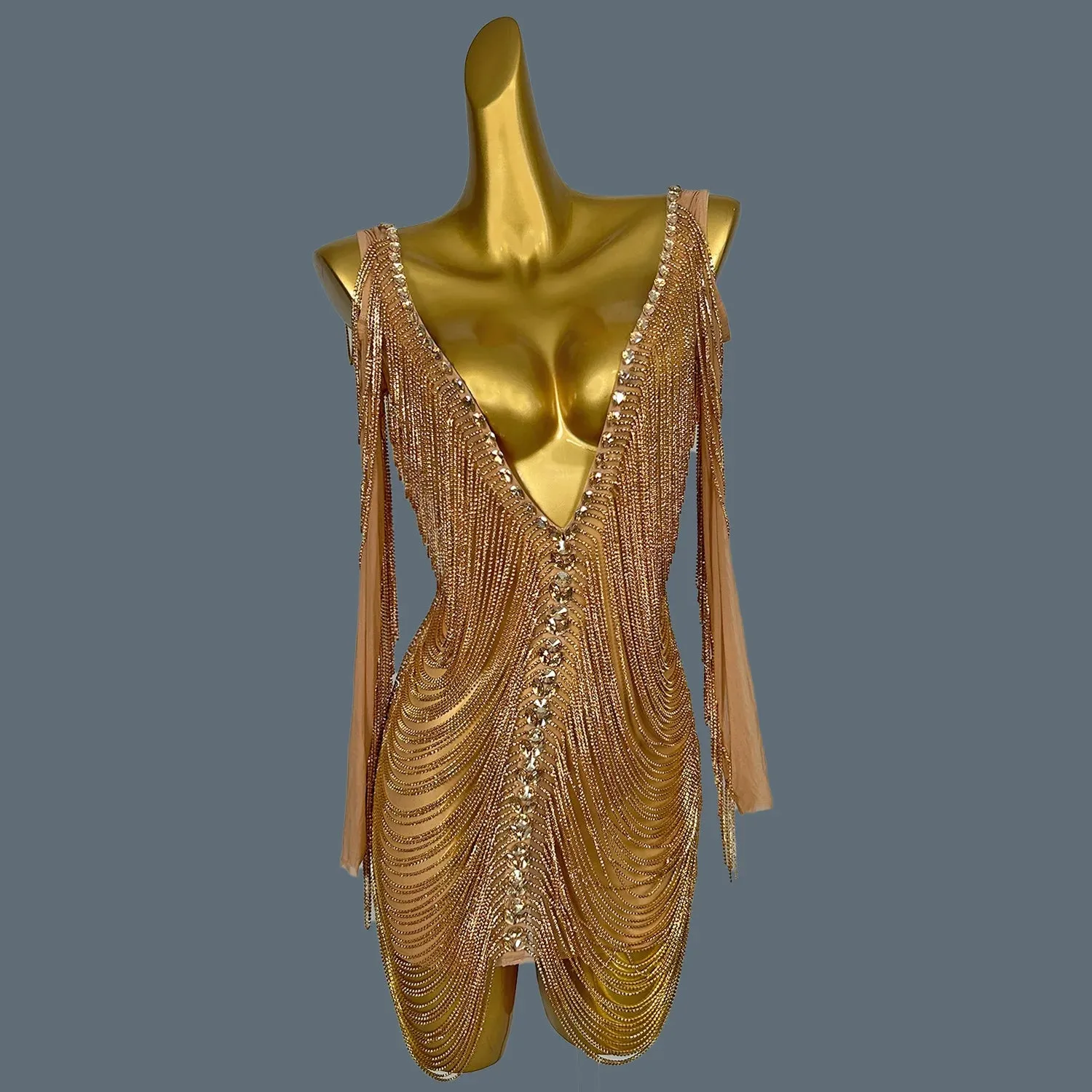 Luxury Mesh Gold Crystal Prom Dress