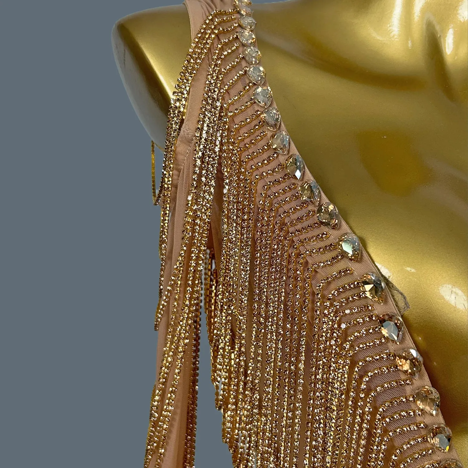 Luxury Mesh Gold Crystal Prom Dress