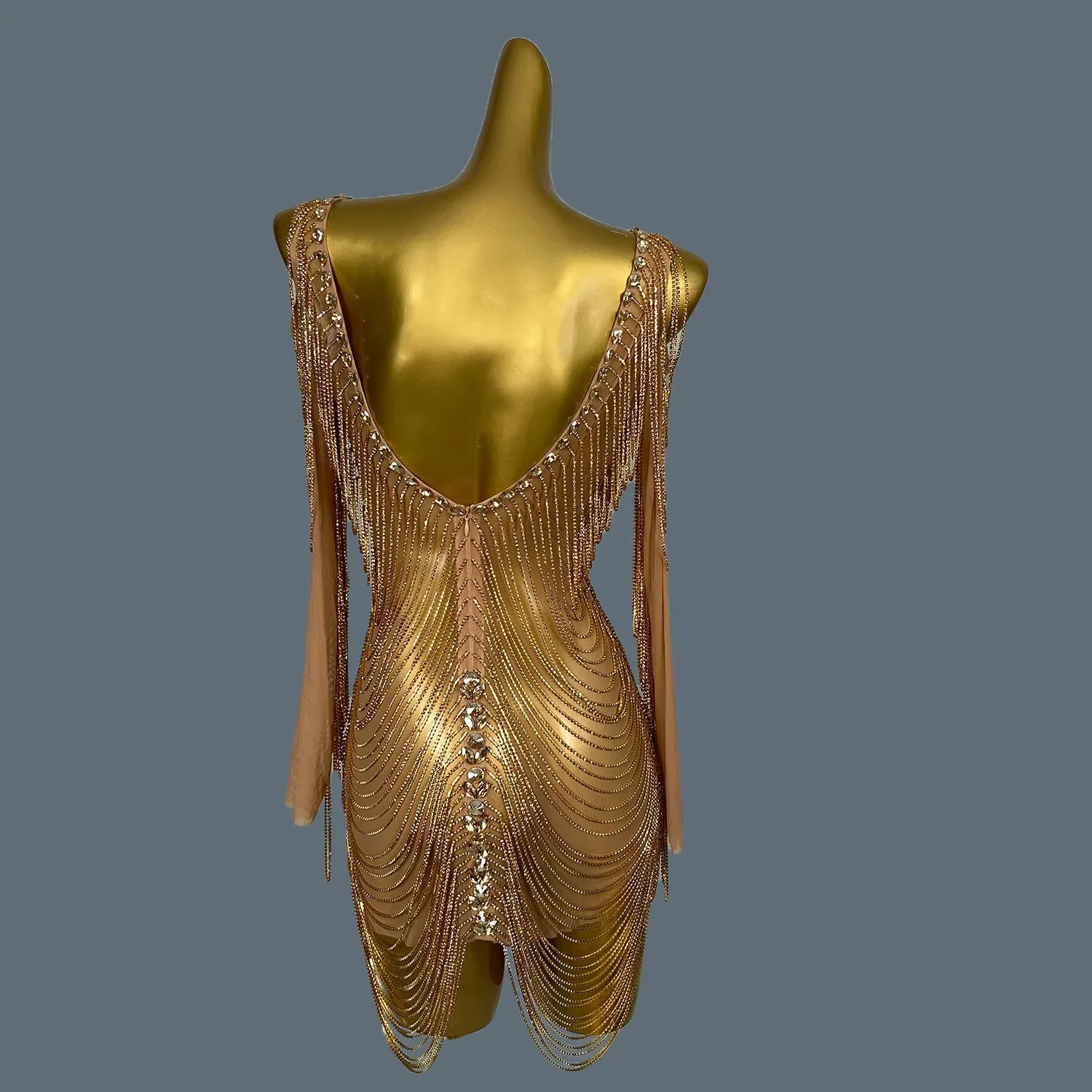 Luxury Mesh Gold Crystal Prom Dress