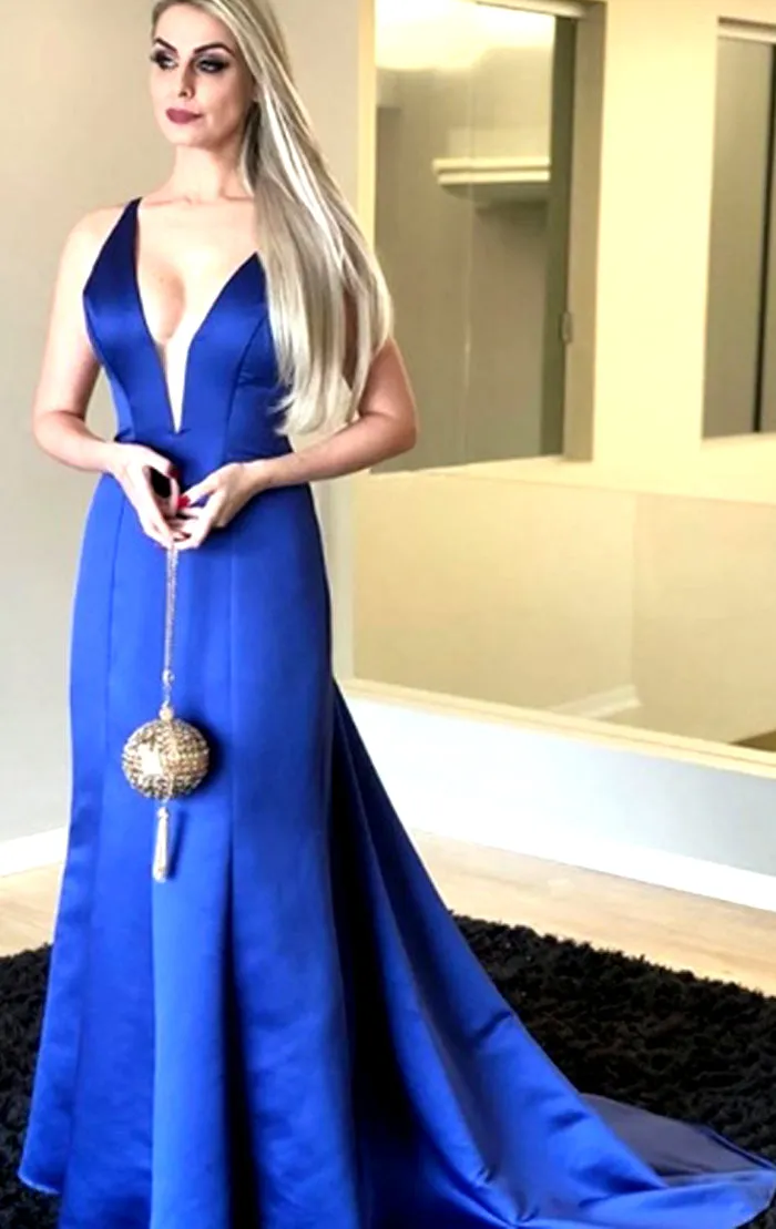 MACloth Deep V Neck Sheath Long Prom Dress Royal Blue Formal Evening Gown