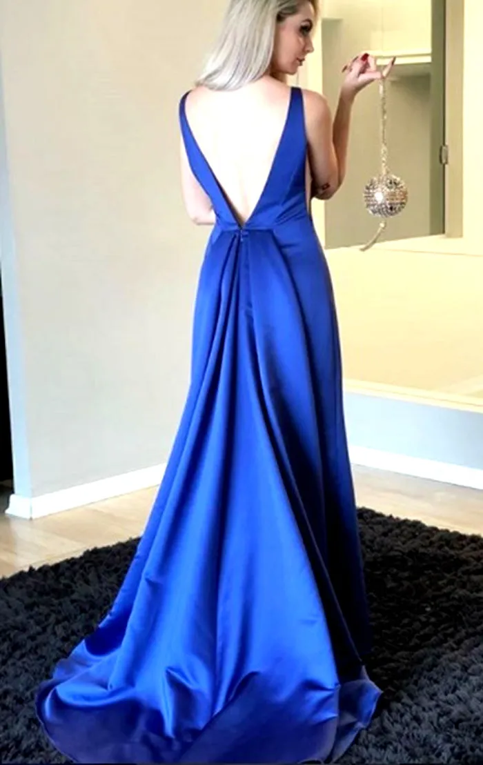 MACloth Deep V Neck Sheath Long Prom Dress Royal Blue Formal Evening Gown