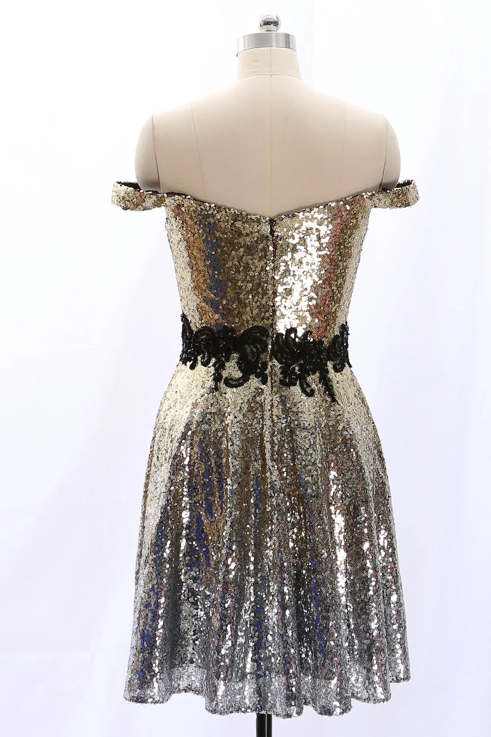 MACloth Off the Shoulder Sequin Mini Prom Homecoming Dress Gold Party Dress