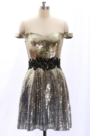 MACloth Off the Shoulder Sequin Mini Prom Homecoming Dress Gold Party Dress