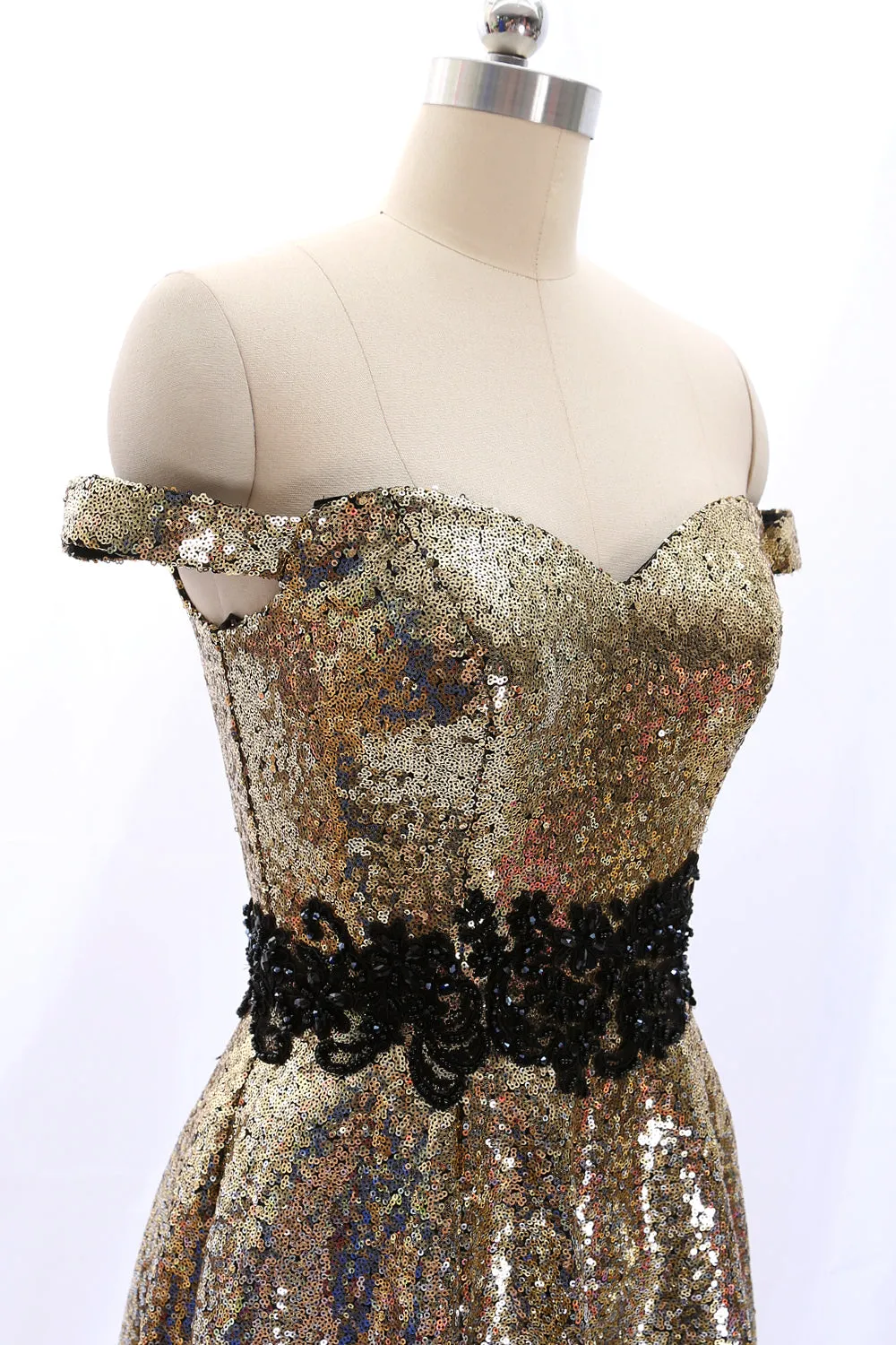 MACloth Off the Shoulder Sequin Mini Prom Homecoming Dress Gold Party Dress