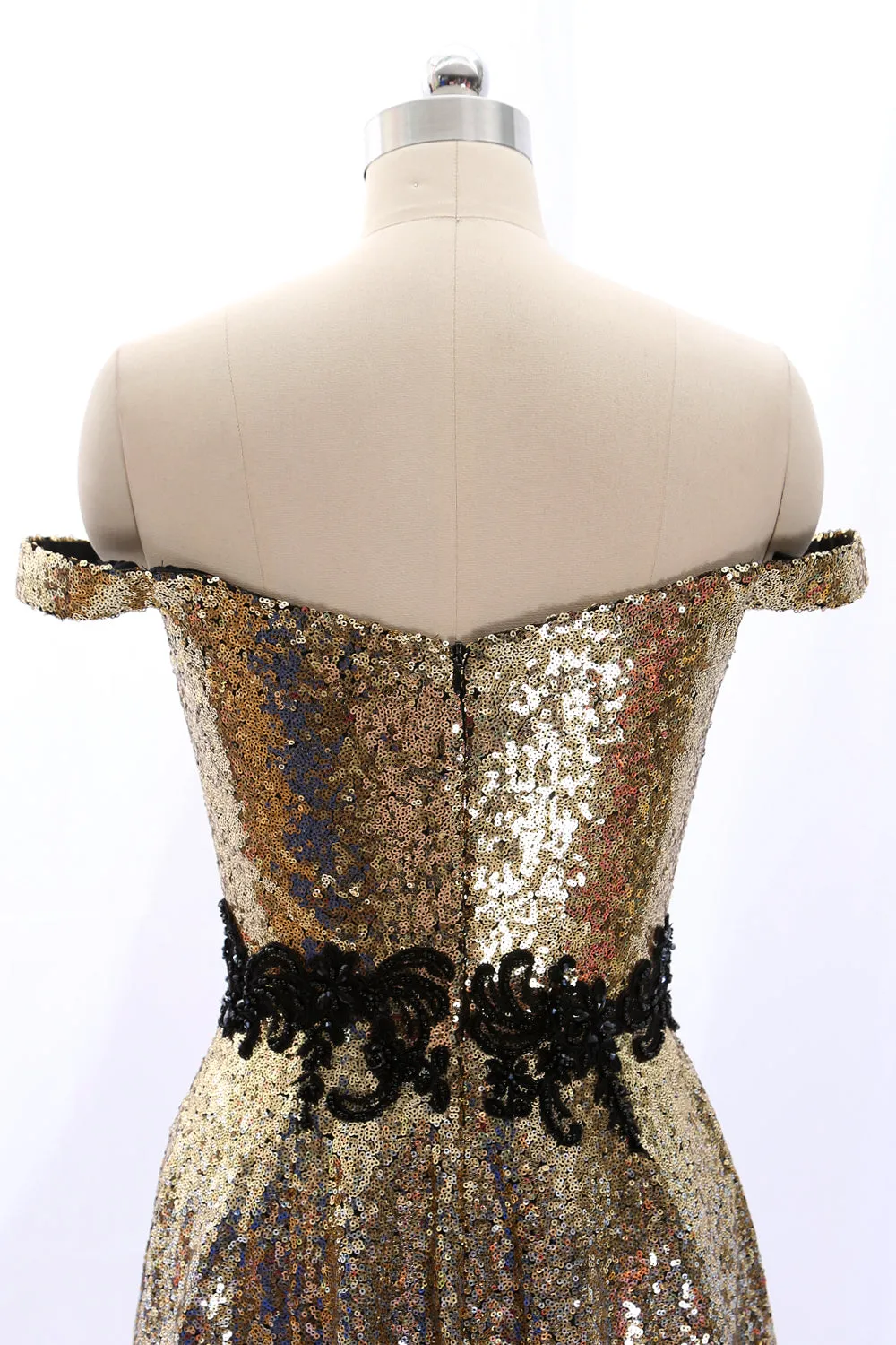 MACloth Off the Shoulder Sequin Mini Prom Homecoming Dress Gold Party Dress