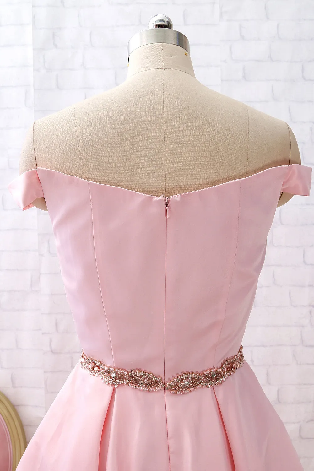 MACloth Off the Shoulder Short Satin Prom Homecoming Dress Pink Party Dress