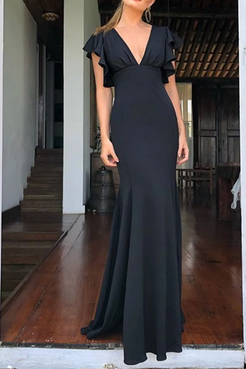 MACloth Ruffled Sleeves V Neck Sheath Formal Evening Gown
