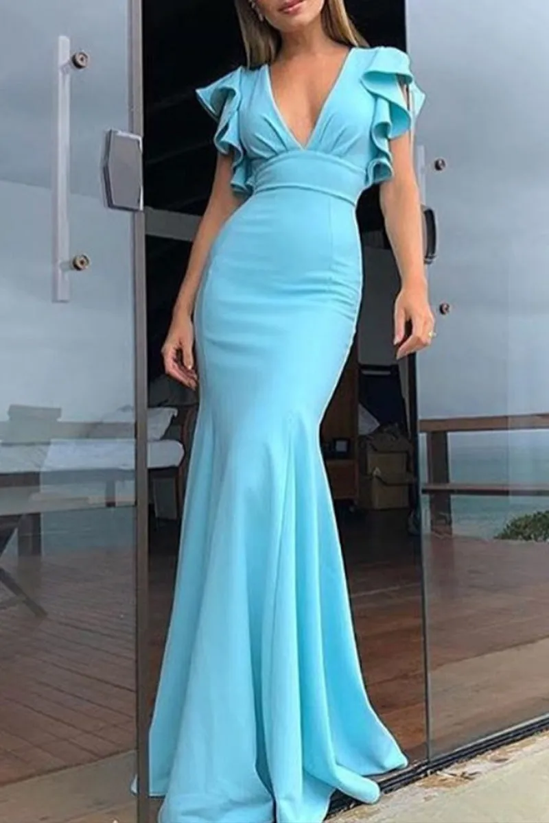 MACloth Ruffled Sleeves V Neck Sheath Formal Evening Gown