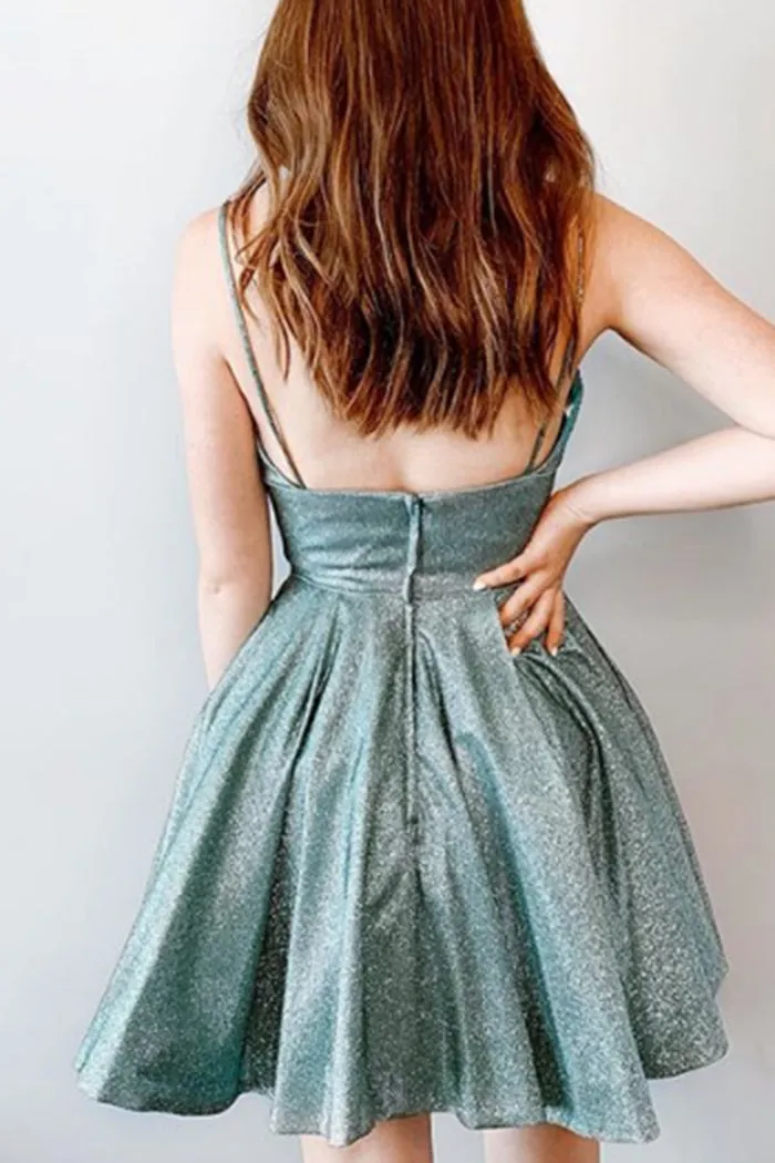 MACloth Spaghetti Straps V Neck Mini Prom Homecoming Dress Aqua Silver Cocktail Dress