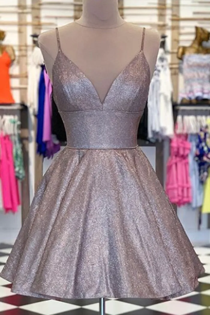 MACloth Spaghetti Straps V Neck Mini Prom Homecoming Dress Aqua Silver Cocktail Dress