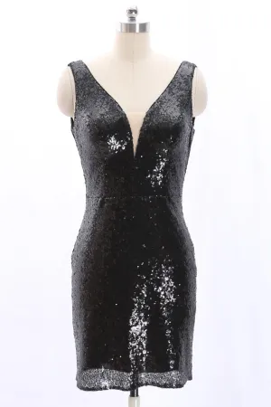 MACloth Straps V Neck Sheath Sequin Mini Party Dress Little Black Dress