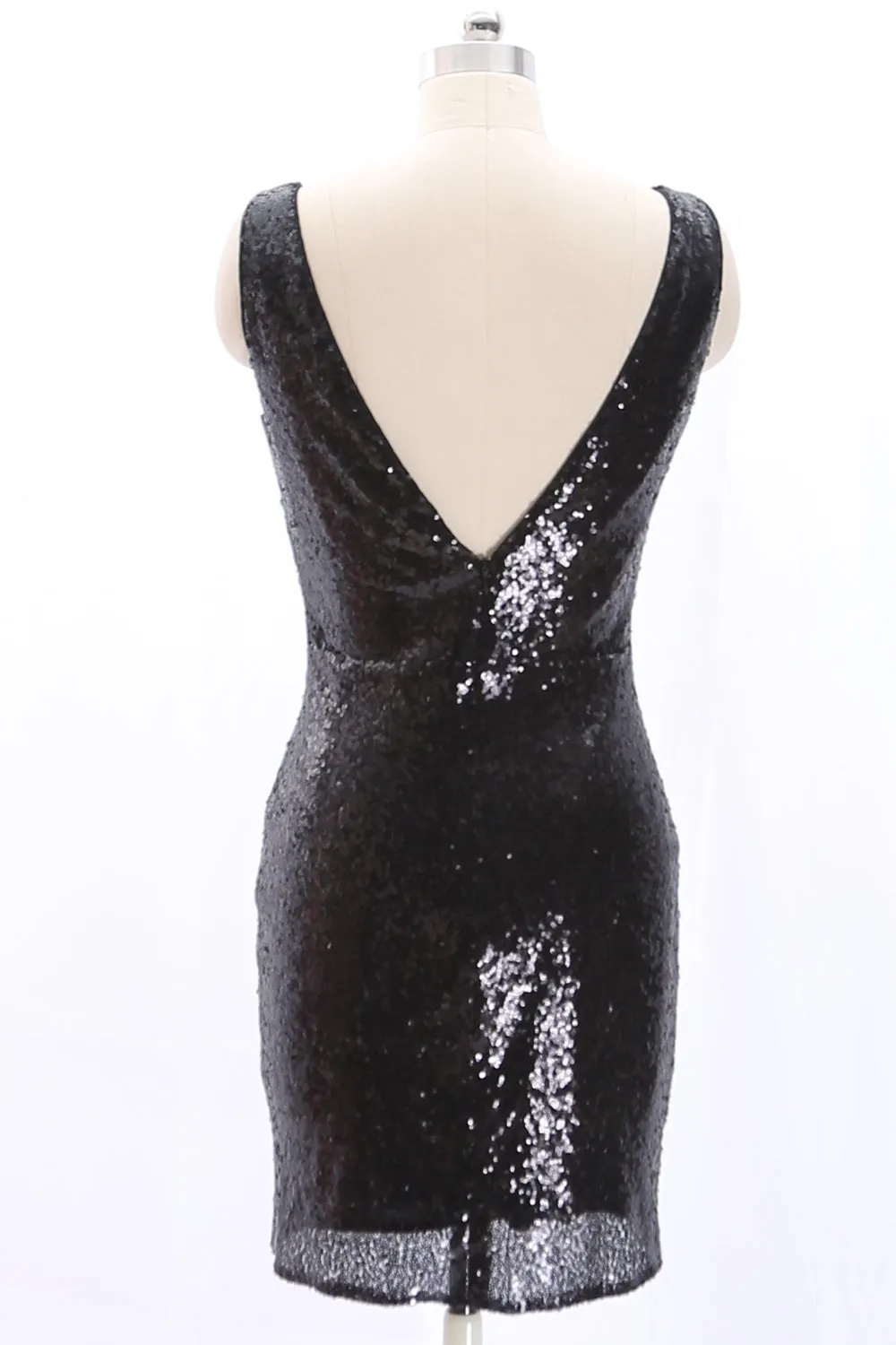 MACloth Straps V Neck Sheath Sequin Mini Party Dress Little Black Dress