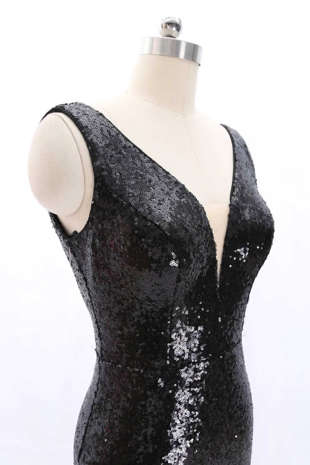 MACloth Straps V Neck Sheath Sequin Mini Party Dress Little Black Dress