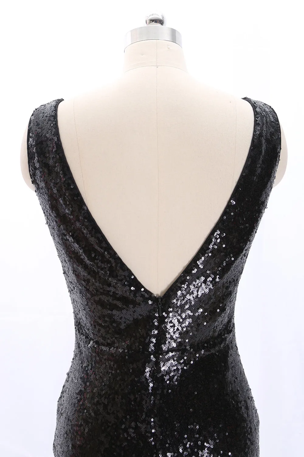 MACloth Straps V Neck Sheath Sequin Mini Party Dress Little Black Dress