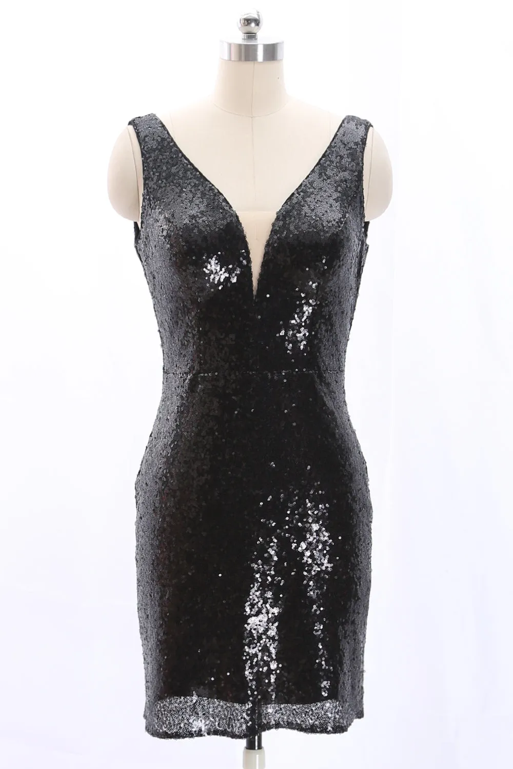 MACloth Straps V Neck Sheath Sequin Mini Party Dress Little Black Dress
