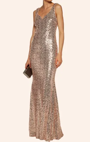 MACloth V Neck Sequin Formal Evening Gown Cowl Back Wedding Party Dress