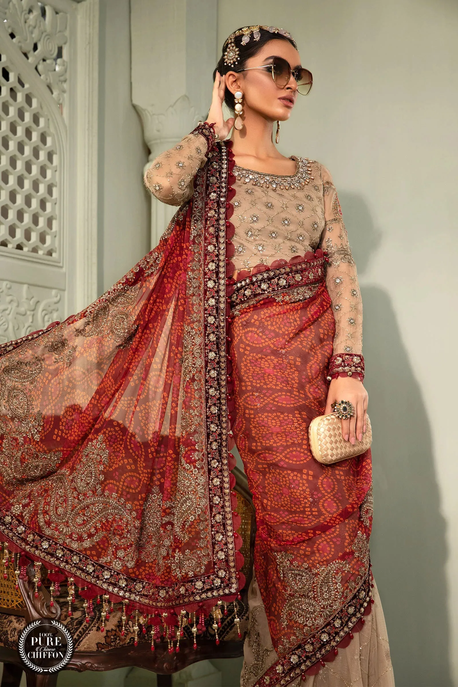 Maria B Mbroidered Chiffon EID 2022 | MPC-22-202-Coffee and Maroon