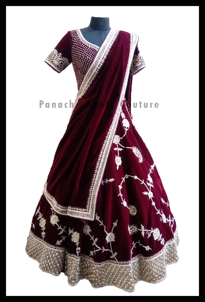 Maroon Burgundy Small Paisley Bridal Lehenga