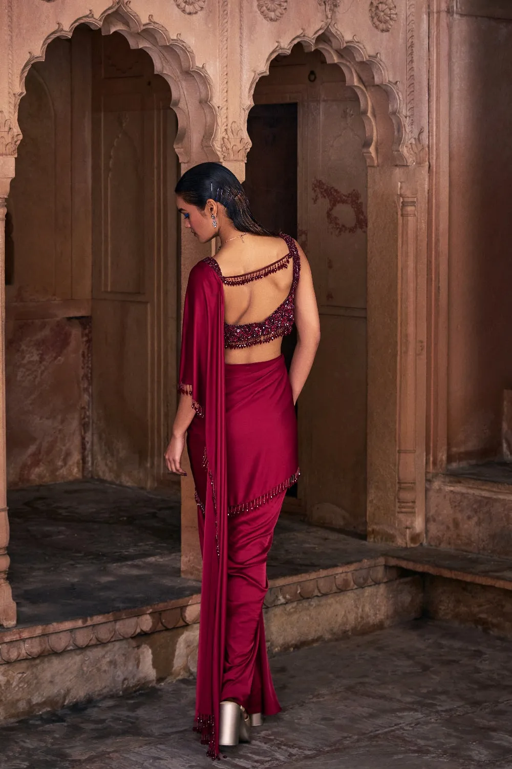 Maroon Embroidered Saree Set