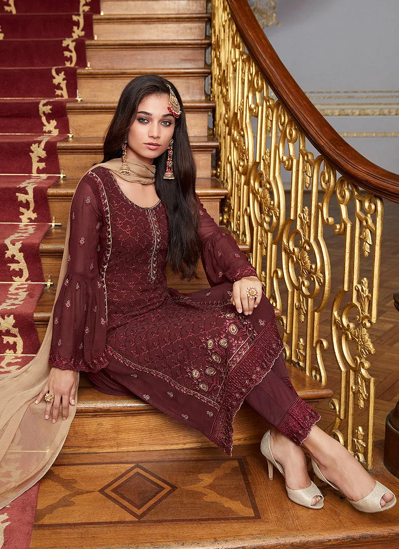 Maroon Golden Embroidery Pakistani Pant Suit