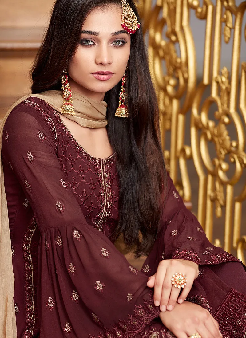 Maroon Golden Embroidery Pakistani Pant Suit