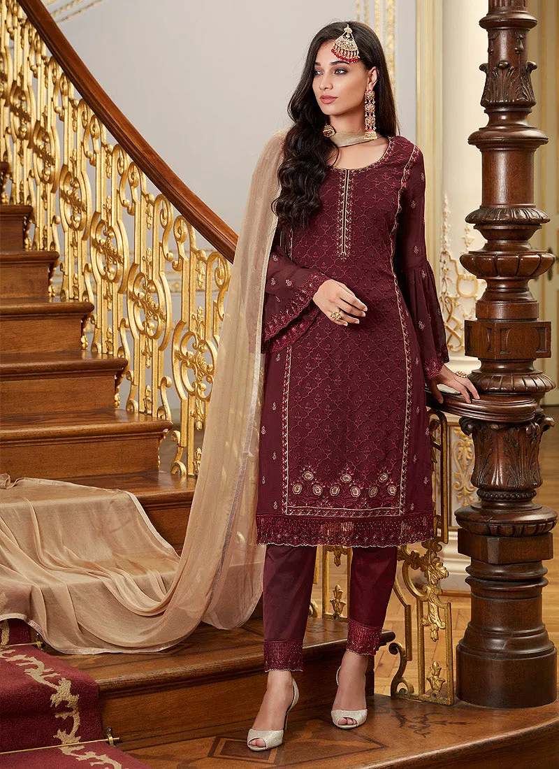 Maroon Golden Embroidery Pakistani Pant Suit